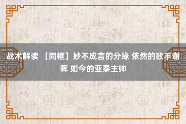 战术解读 【同框】妙不成言的分缘 依然的敌手谢晖 如今的亚泰主帅